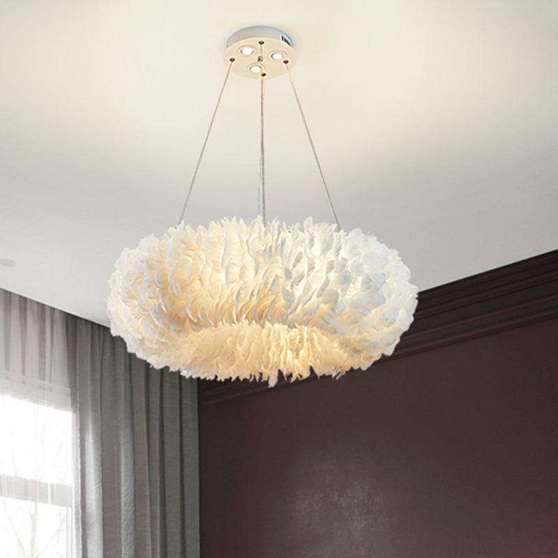 White Doughnut Shape Feather Chandelier Light Modern Style - Rebooters