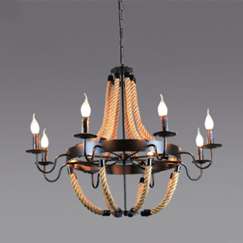 Black Finish Candle Shape Chandelier Light Industrial Rope Style Hanging Pendant Lamp - Rebooters