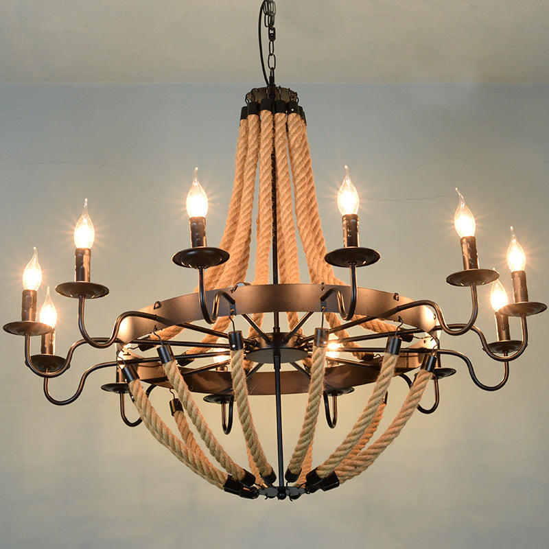 Black Finish Candle Shape Chandelier Light Industrial Rope Style Hanging Pendant Lamp - Rebooters