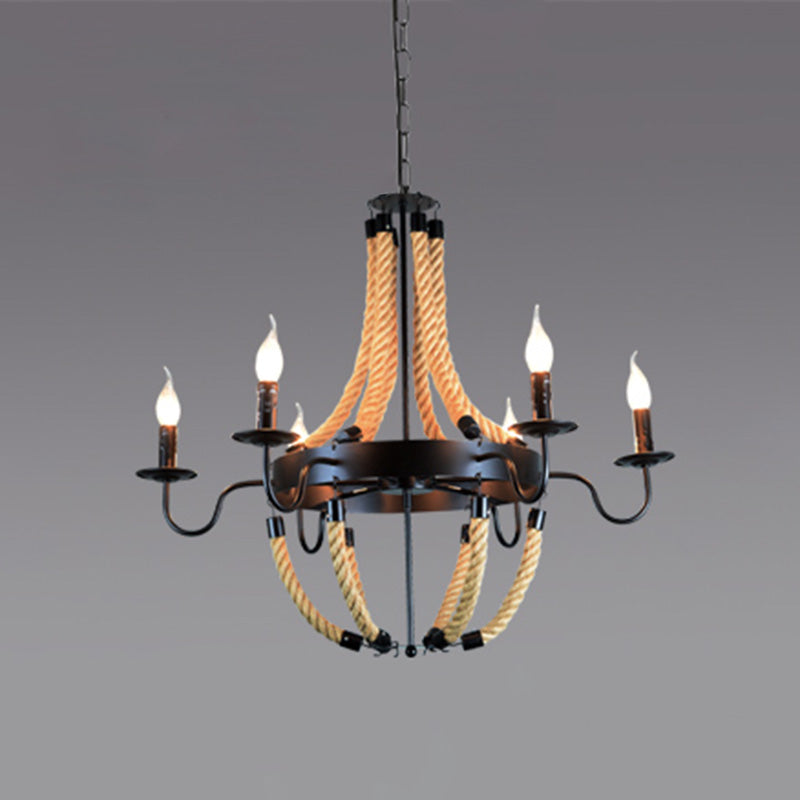 Black Finish Candle Shape Chandelier Light Industrial Rope Style Hanging Pendant Lamp - Rebooters