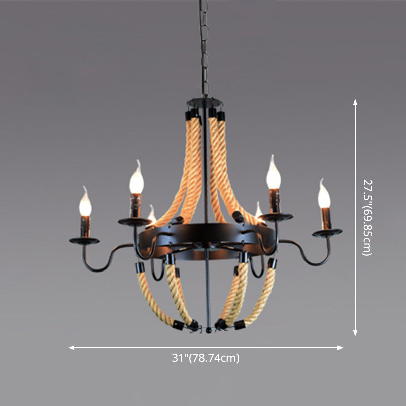 Black Finish Candle Shape Chandelier Light Industrial Rope Style Hanging Pendant Lamp - Rebooters