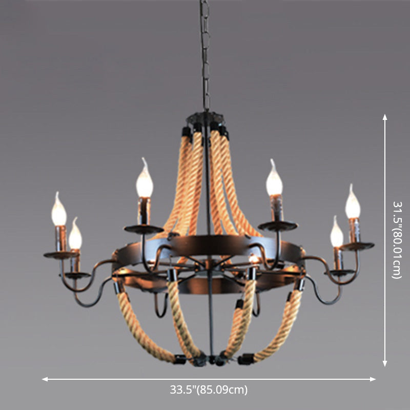 Black Finish Candle Shape Chandelier Light Industrial Rope Style Hanging Pendant Lamp - Rebooters