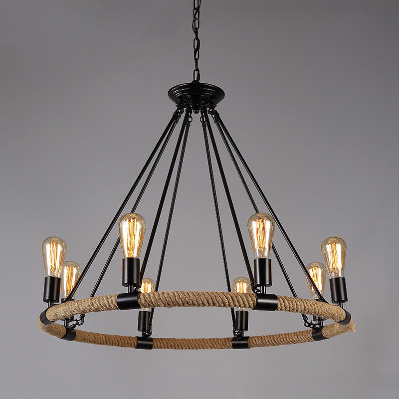 Black Metal Iron Frame Chandelier Retro Industrial Rope Light - Rebooters