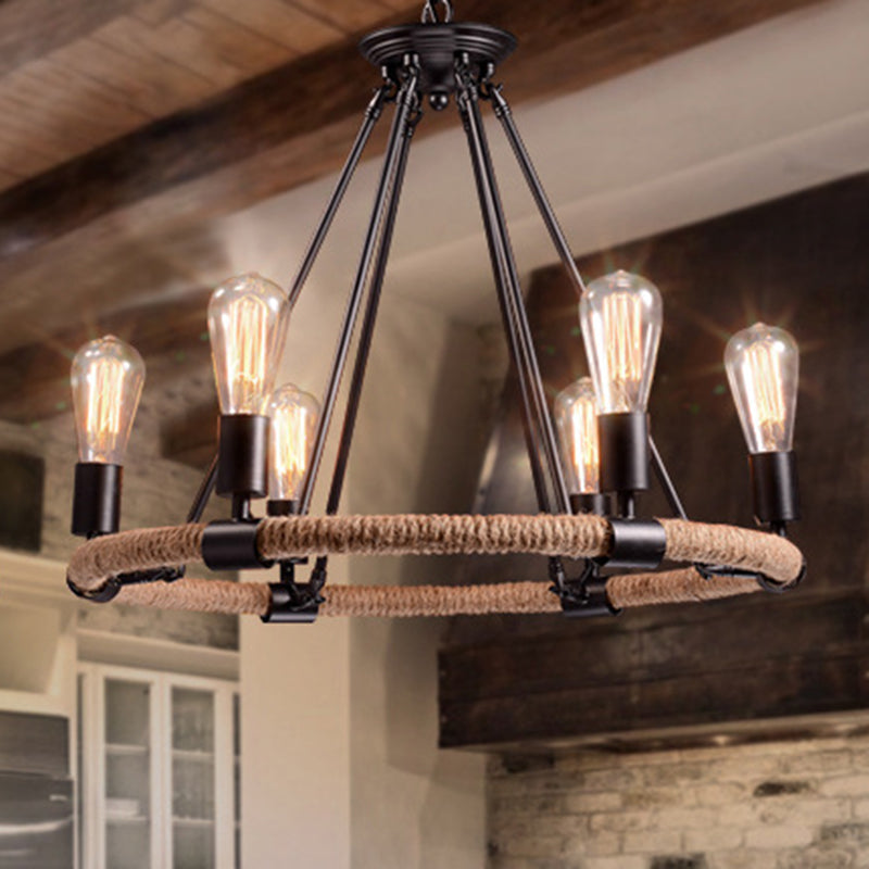 Black Metal Iron Frame Chandelier Retro Industrial Rope Light - Rebooters