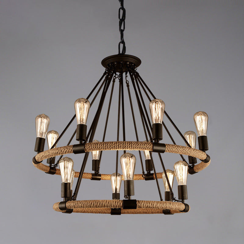 Black Metal Iron Frame Chandelier Retro Industrial Rope Light - Rebooters