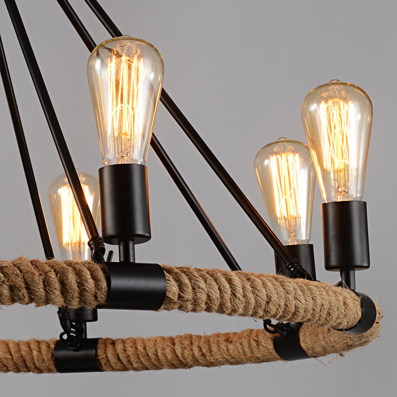 Black Metal Iron Frame Chandelier Retro Industrial Rope Light - Rebooters