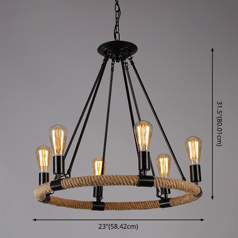 Black Metal Iron Frame Chandelier Retro Industrial Rope Light - Rebooters