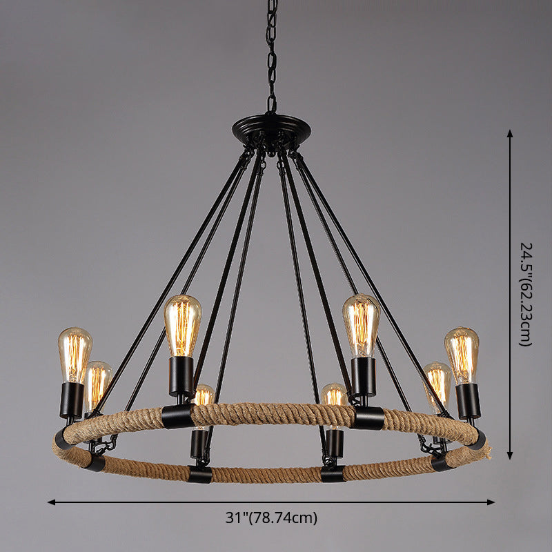 Black Metal Iron Frame Chandelier Retro Industrial Rope Light - Rebooters