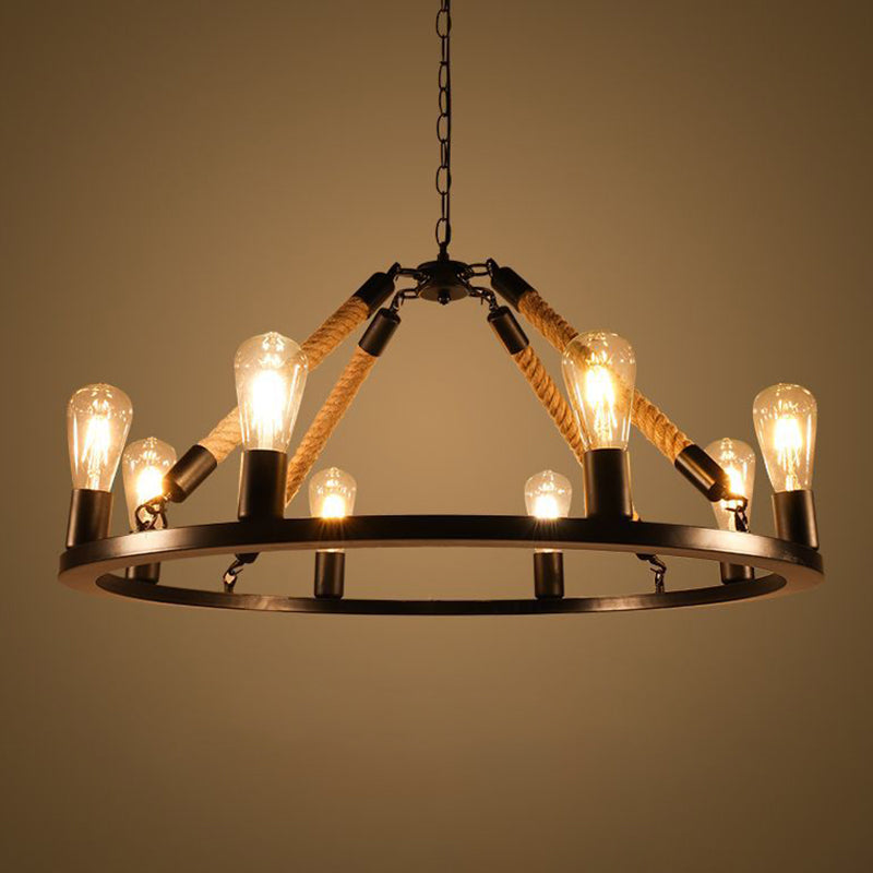 Industrial Art Rope Hanging Chandelier Light Black Metal - Rebooters