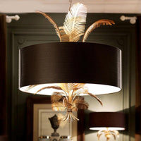 6 Lights Ceiling Light Country Drum Fabric Hanging Chandelier in Black for Dining Room with Leaves Deco - Rebooters