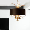 6 Lights Ceiling Light Country Drum Fabric Hanging Chandelier in Black for Dining Room with Leaves Deco - Rebooters