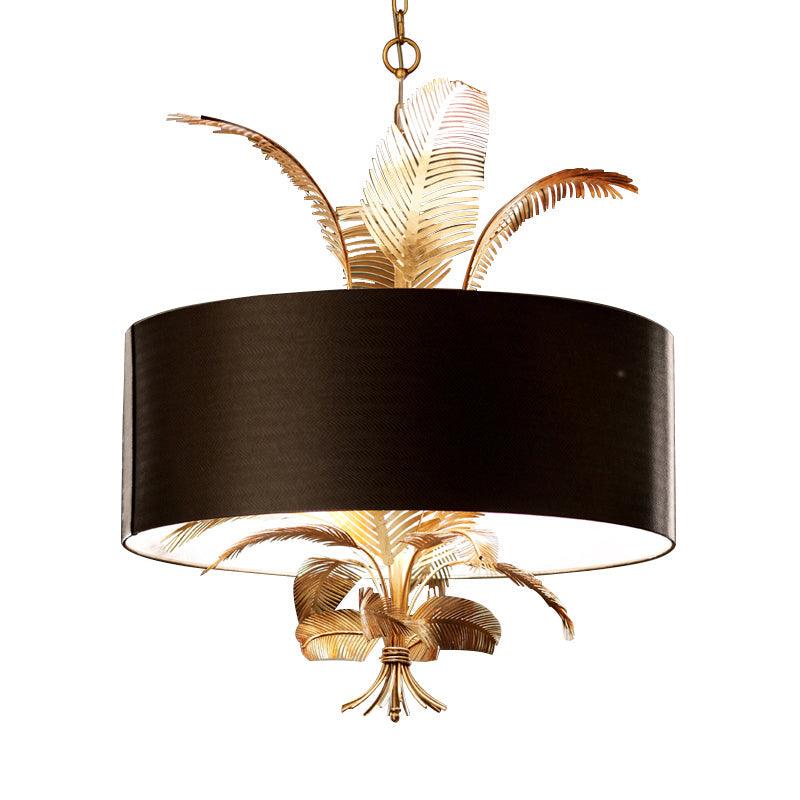 6 Lights Ceiling Light Country Drum Fabric Hanging Chandelier in Black for Dining Room with Leaves Deco - Rebooters