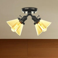 2 Heads Restaurant Ceiling Light Fixture Vintage Black Bronze Semi Flush Mount with Amber Clear Glass Shade - Rebooters