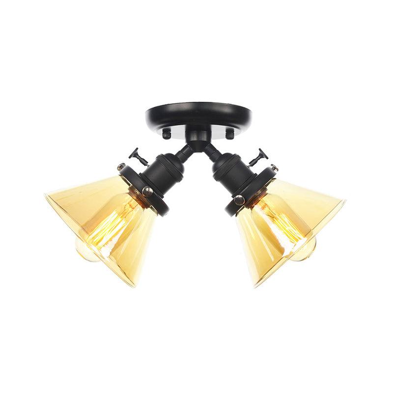 2 Heads Restaurant Ceiling Light Fixture Vintage Black Bronze Semi Flush Mount with Amber Clear Glass Shade - Rebooters