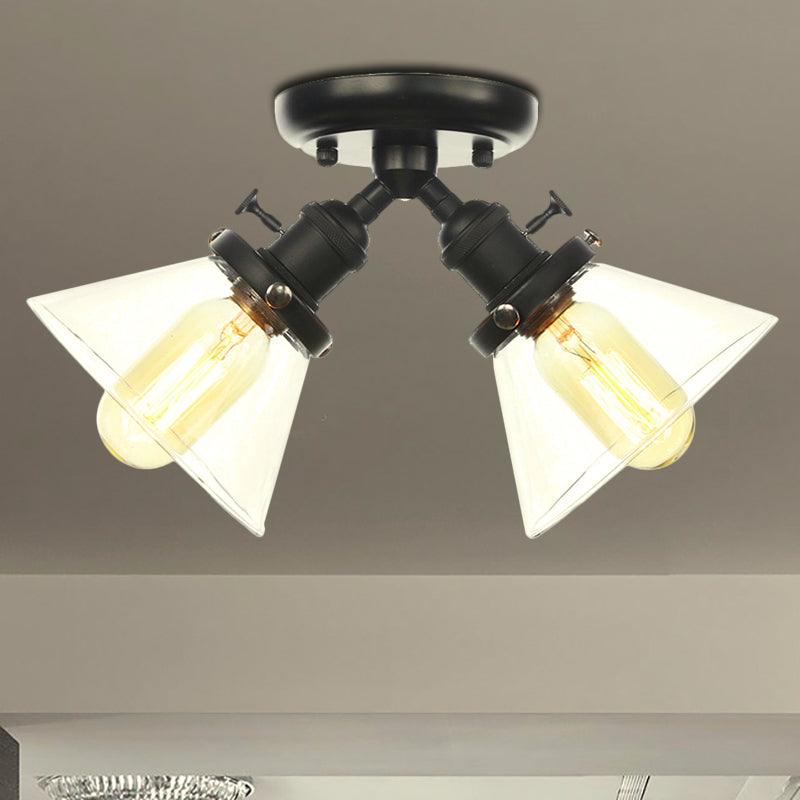 2 Heads Restaurant Ceiling Light Fixture Vintage Black Bronze Semi Flush Mount with Amber Clear Glass Shade - Rebooters