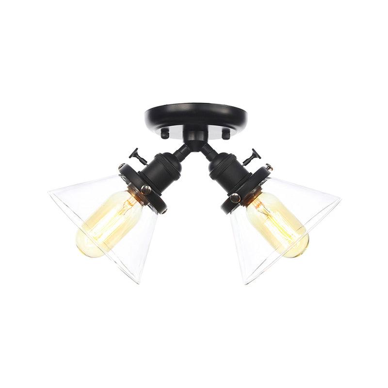 2 Heads Restaurant Ceiling Light Fixture Vintage Black Bronze Semi Flush Mount with Amber Clear Glass Shade - Rebooters