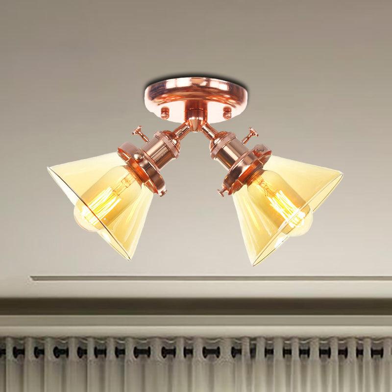 2 Heads Restaurant Ceiling Light Fixture Vintage Black Bronze Semi Flush Mount with Amber Clear Glass Shade - Rebooters