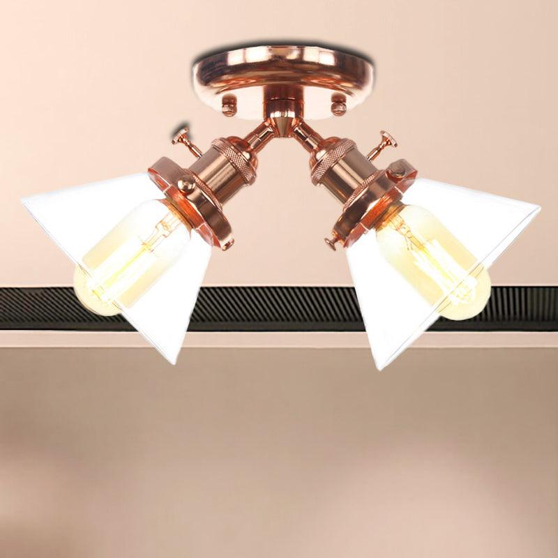 2 Heads Restaurant Ceiling Light Fixture Vintage Black Bronze Semi Flush Mount with Amber Clear Glass Shade - Rebooters