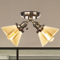 2 Heads Restaurant Ceiling Light Fixture Vintage Black Bronze Semi Flush Mount with Amber Clear Glass Shade - Rebooters