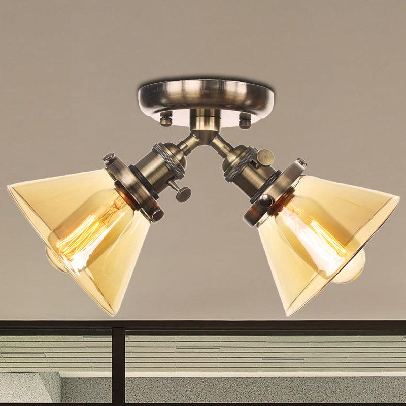 2 Heads Restaurant Ceiling Light Fixture Vintage Black Bronze Semi Flush Mount with Amber Clear Glass Shade - Rebooters