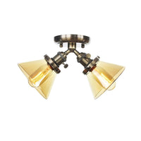 2 Heads Restaurant Ceiling Light Fixture Vintage Black Bronze Semi Flush Mount with Amber Clear Glass Shade - Rebooters