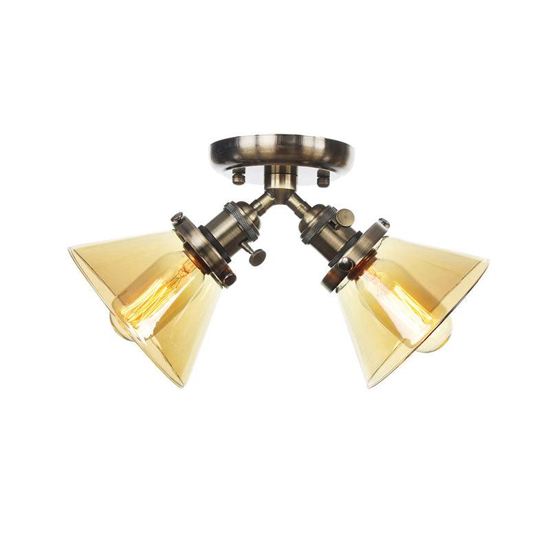 2 Heads Restaurant Ceiling Light Fixture Vintage Black Bronze Semi Flush Mount with Amber Clear Glass Shade - Rebooters