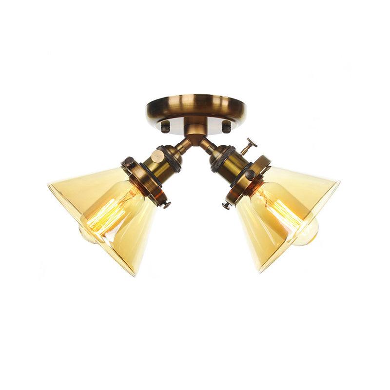 2 Heads Restaurant Ceiling Light Fixture Vintage Black Bronze Semi Flush Mount with Amber Clear Glass Shade - Rebooters