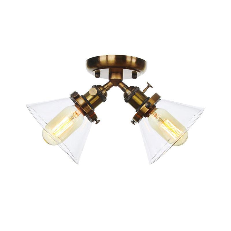 2 Heads Restaurant Ceiling Light Fixture Vintage Black Bronze Semi Flush Mount with Amber Clear Glass Shade - Rebooters