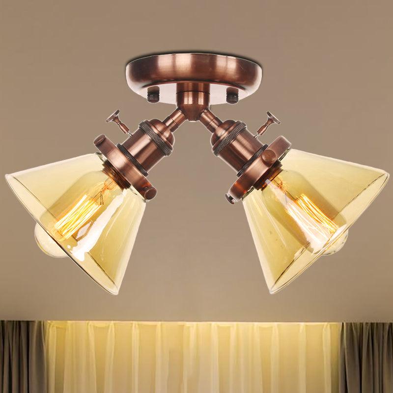 2 Heads Restaurant Ceiling Light Fixture Vintage Black Bronze Semi Flush Mount with Amber Clear Glass Shade - Rebooters