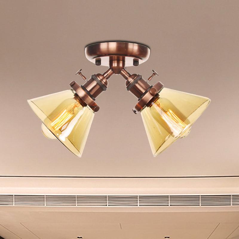 2 Heads Restaurant Ceiling Light Fixture Vintage Black Bronze Semi Flush Mount with Amber Clear Glass Shade - Rebooters