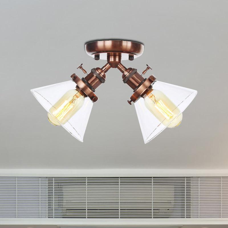 2 Heads Restaurant Ceiling Light Fixture Vintage Black Bronze Semi Flush Mount with Amber Clear Glass Shade - Rebooters