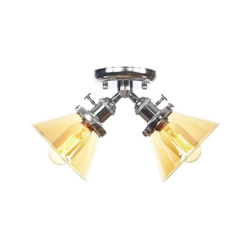 2 Heads Restaurant Ceiling Light Fixture Vintage Black Bronze Semi Flush Mount with Amber Clear Glass Shade - Rebooters