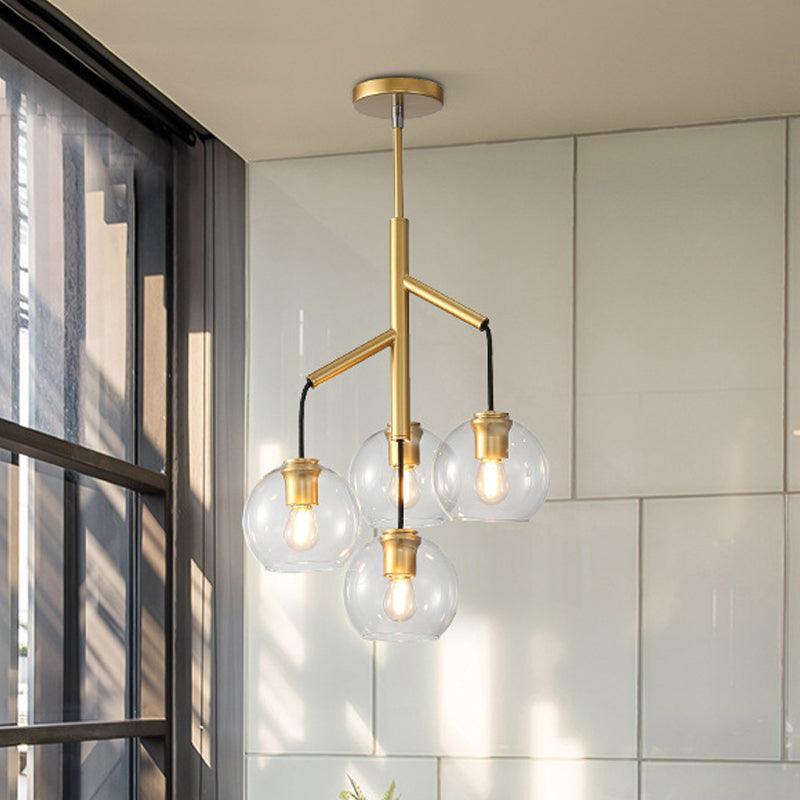 4 Heads Spherical Chandelier Colonial Hand Blown Clear Glass Ceiling Pendant in Gold - Rebooters