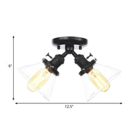 2 Heads Restaurant Ceiling Light Fixture Vintage Black Bronze Semi Flush Mount with Amber Clear Glass Shade - Rebooters