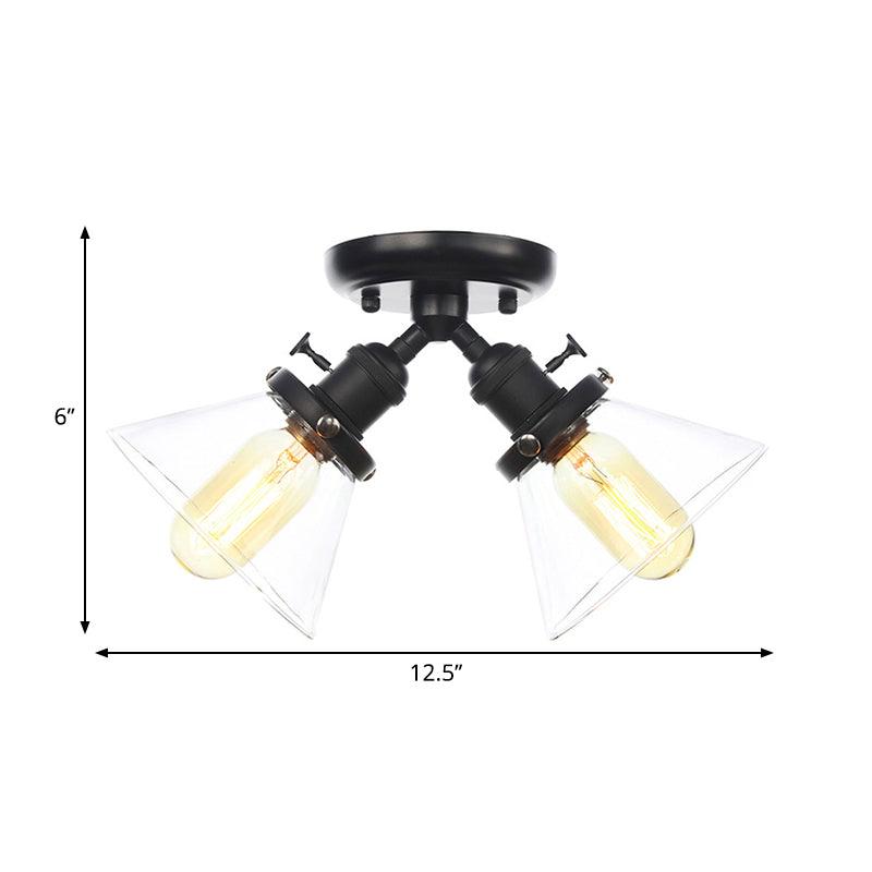 2 Heads Restaurant Ceiling Light Fixture Vintage Black Bronze Semi Flush Mount with Amber Clear Glass Shade - Rebooters