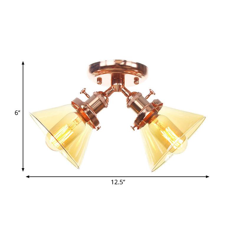 2 Heads Restaurant Ceiling Light Fixture Vintage Black Bronze Semi Flush Mount with Amber Clear Glass Shade - Rebooters