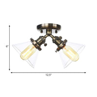 2 Heads Restaurant Ceiling Light Fixture Vintage Black Bronze Semi Flush Mount with Amber Clear Glass Shade - Rebooters