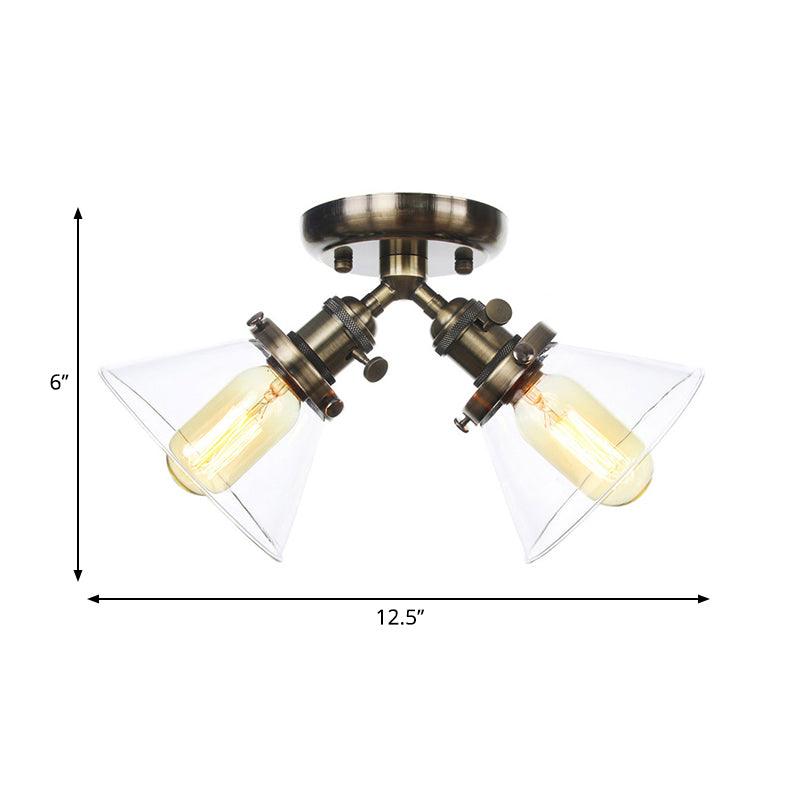 2 Heads Restaurant Ceiling Light Fixture Vintage Black Bronze Semi Flush Mount with Amber Clear Glass Shade - Rebooters
