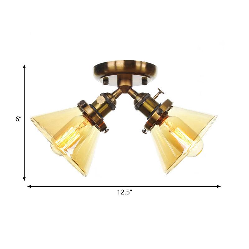 2 Heads Restaurant Ceiling Light Fixture Vintage Black Bronze Semi Flush Mount with Amber Clear Glass Shade - Rebooters