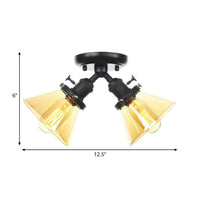 2 Heads Restaurant Ceiling Light Fixture Vintage Black Bronze Semi Flush Mount with Amber Clear Glass Shade - Rebooters