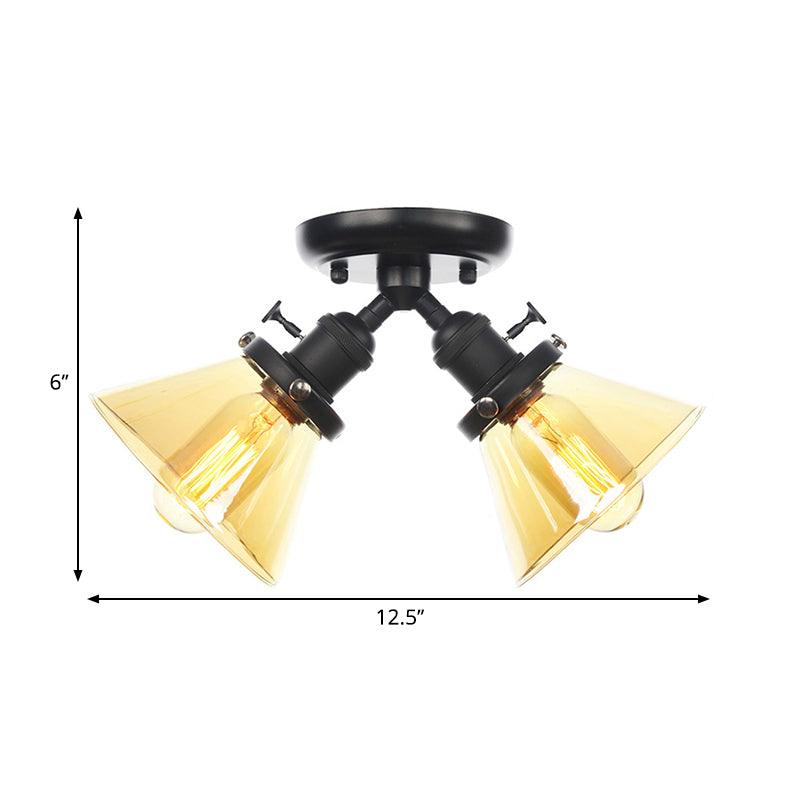 2 Heads Restaurant Ceiling Light Fixture Vintage Black Bronze Semi Flush Mount with Amber Clear Glass Shade - Rebooters