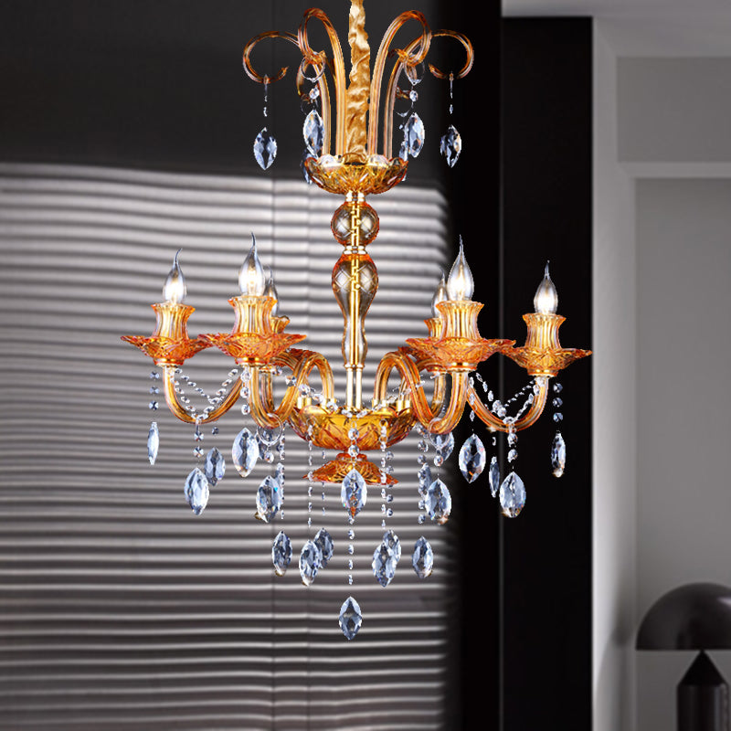 Gold Candle Chandelier Lighting Traditional Prism Glass 6 Heads Dining Room Lamp - Rebooters