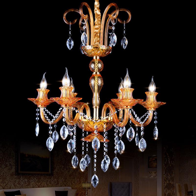 Gold Candle Chandelier Lighting Traditional Prism Glass 6 Heads Dining Room Lamp - Rebooters