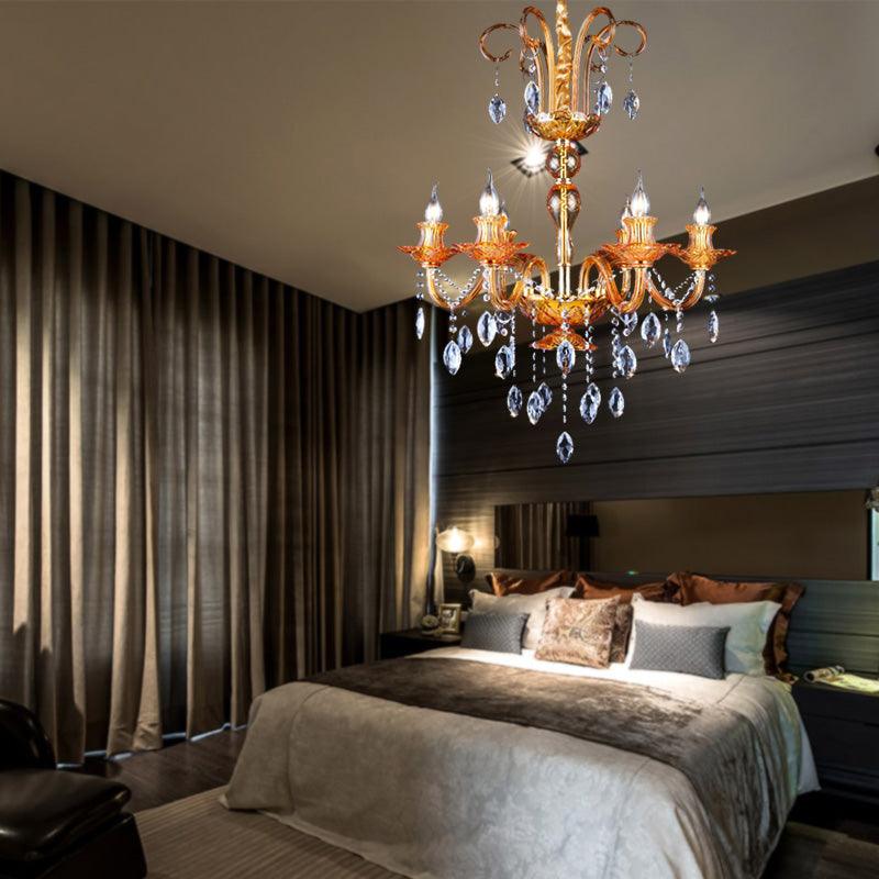 Gold Candle Chandelier Lighting Traditional Prism Glass 6 Heads Dining Room Lamp - Rebooters