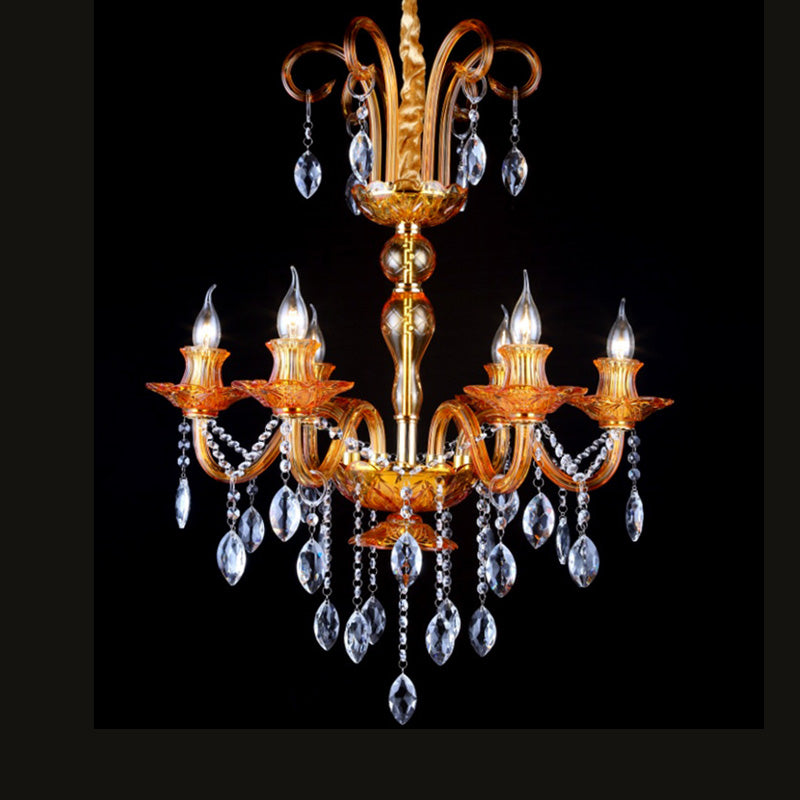 Gold Candle Chandelier Lighting Traditional Prism Glass 6 Heads Dining Room Lamp - Rebooters