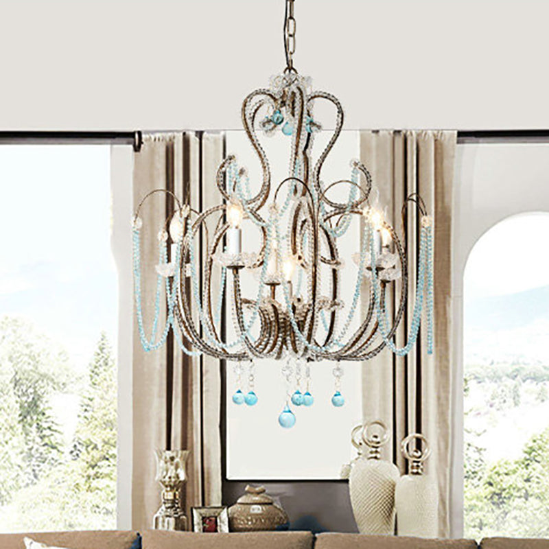 Vintage Candle Pendant Light With Royal Blue Crystal Bead Chandelier - Rebooters