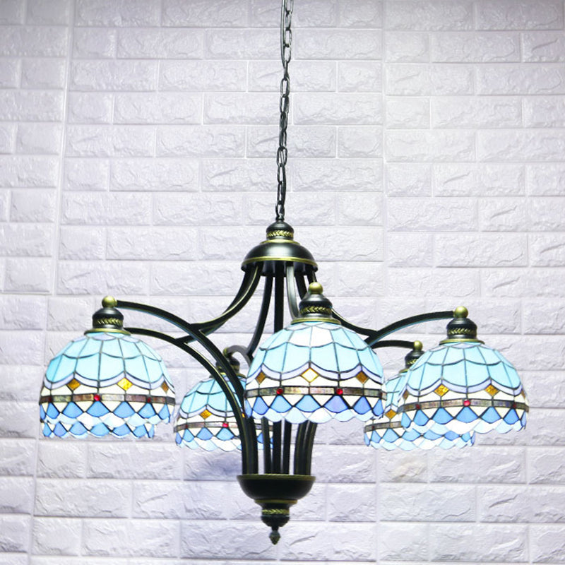 Blue Stained Glass Tiffany Chandelier 6-Light 23.5 Inch Wide - Rebooters