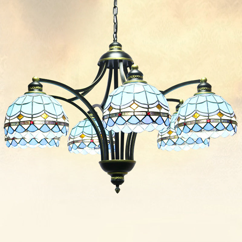 Blue Stained Glass Tiffany Chandelier 6-Light 23.5 Inch Wide - Rebooters