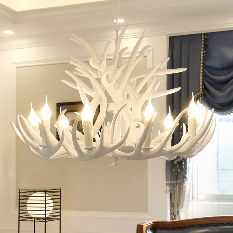 White Retro Resin Deer Horn Chandelier Rustic Style Bedroom Drop Lamp Lighting Fixture in White - Rebooters