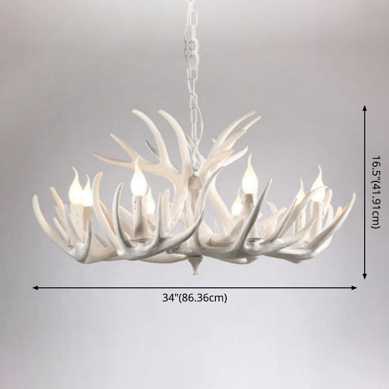 White Retro Resin Deer Horn Chandelier Rustic Style Bedroom Drop Lamp Lighting Fixture in White - Rebooters